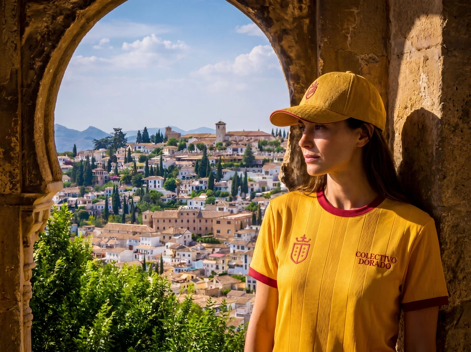 Young woman in Colectivo Dorado apparel in a Spanish architectural setting