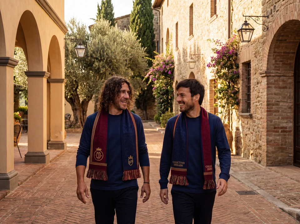 Puyol and Silva walking together in a Spanish village setting