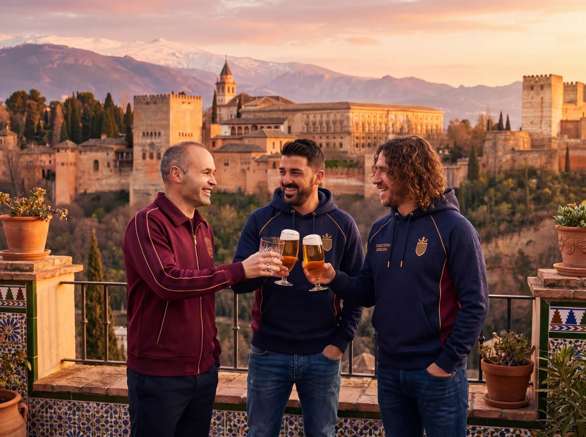 Villa, Iniesta, and Puyol toast on a balcony overlooking Granada